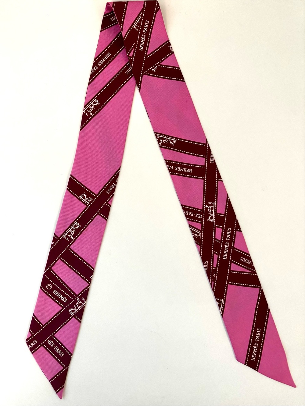 Authentic Hermès Bolduc Twilly Silk Scarf Pink Burgundy Ribbon Print RARE